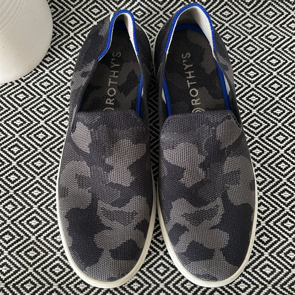 Rothy’s the original slip on camo sneakers-black/white and grey-size 8.5